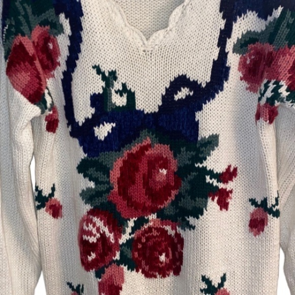 Vintage Floral Chunky Knit Cottagecore Coastal Grandma Loose Knit 80s Sweater - Picture 5 of 12